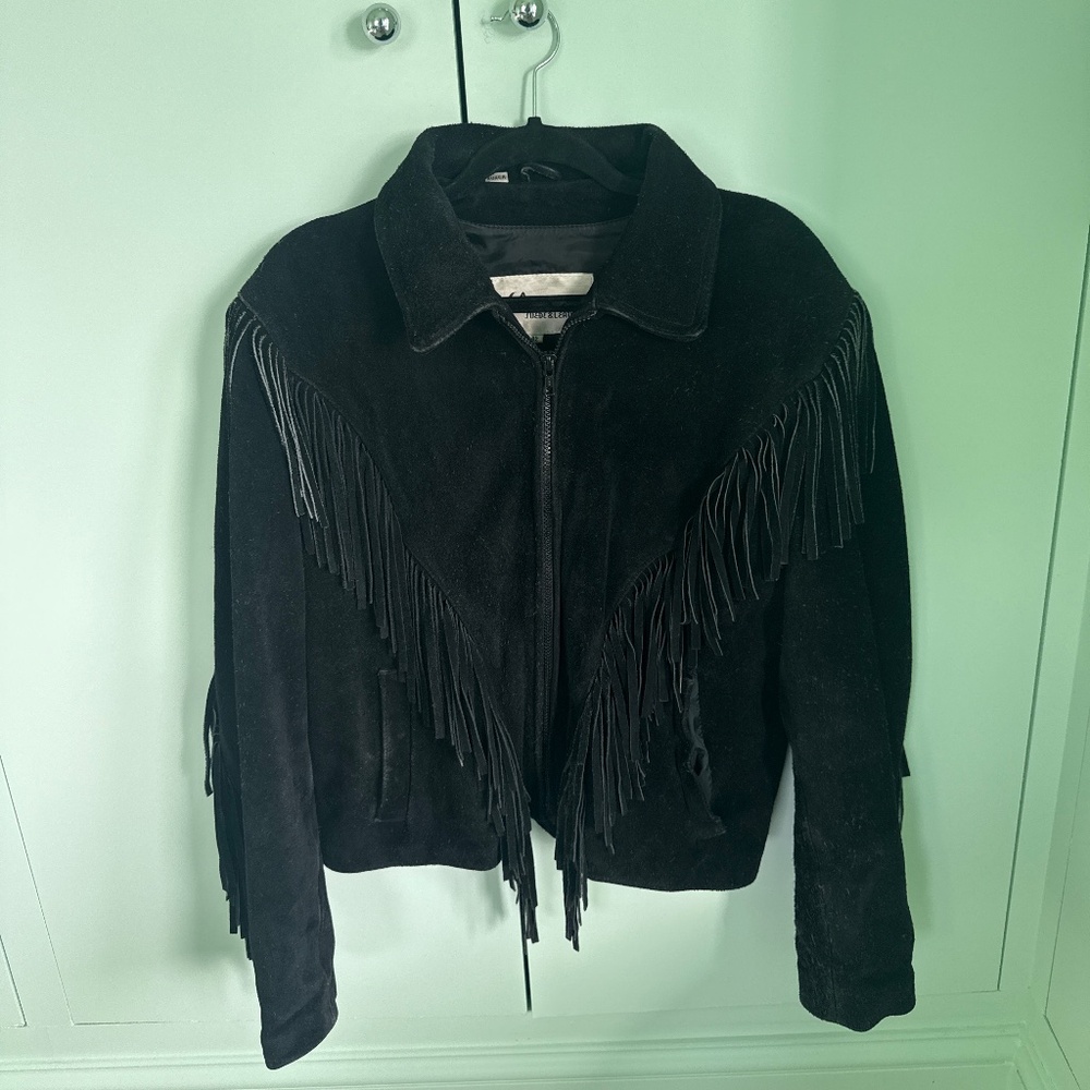 Vintage black suede fringe jacket